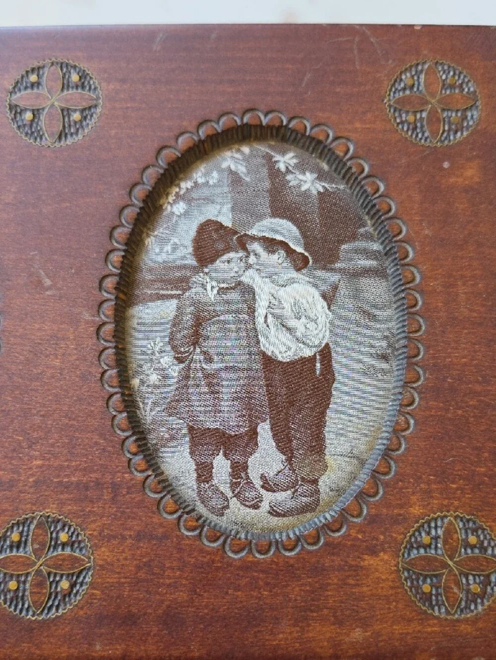 Vintage Polish Brown Wooden Trinket Box with Silk Print Insets